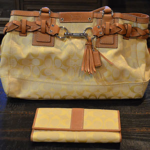 Tan and yellow Coach Purse and wallet
